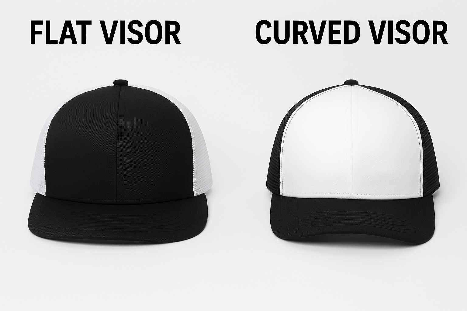Compare flat visor and curved visor mesh trucker hats Flat visor vs curved visor mesh trucker caps