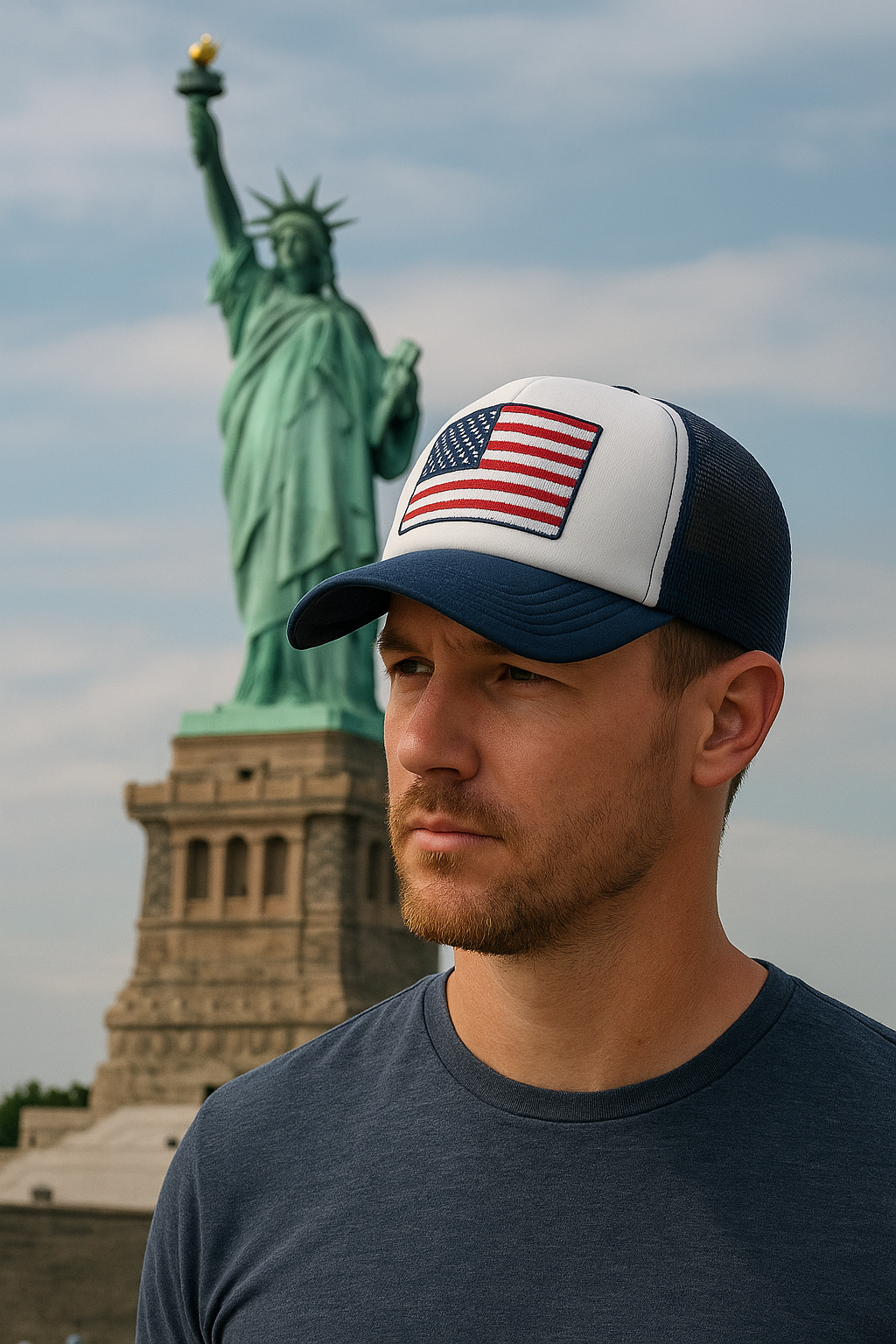 USA Flag Trucker Cap - Shop on Amazon USA Flag Trucker Cap with the Statue of Liberty in background