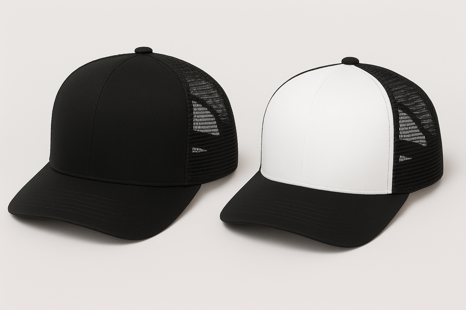 Buy unisex mesh trucker caps in solid and bicolor colors Unisex mesh trucker caps in solid and two-tone styles